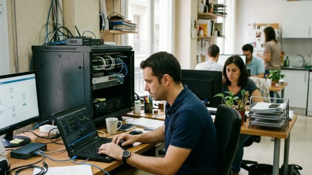 Auditoría informática en empresa revisando servidores, red y puestos de trabajo