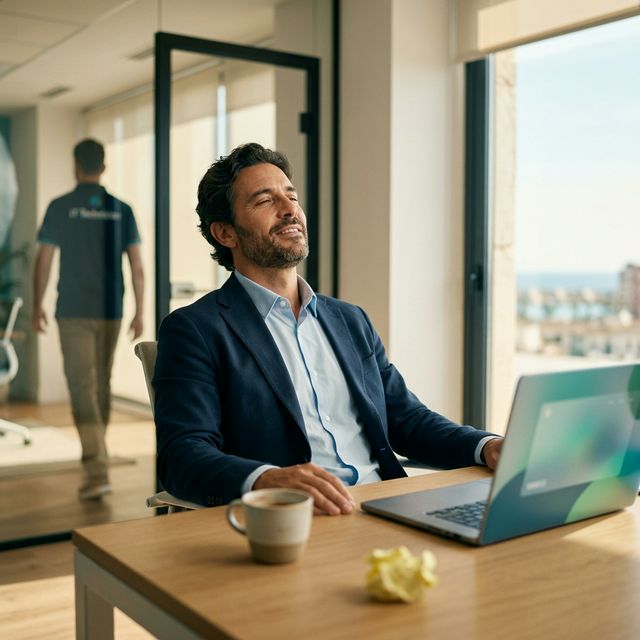 Técnico de NetGoos trabajando en segundo plano mientras un cliente disfruta de la tranquilidad de tener su oficina bajo control.